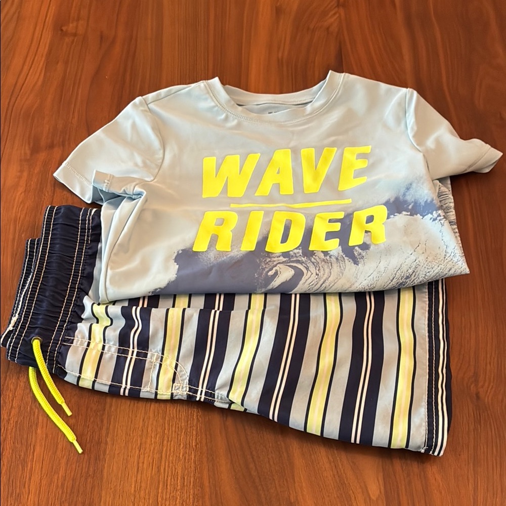 Oshkosh rashguard and swim trunks